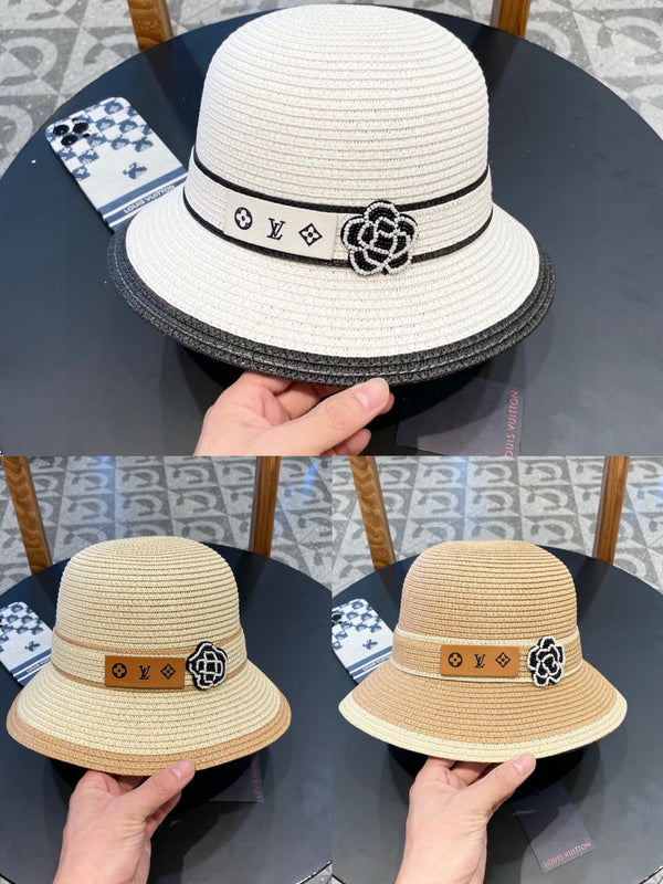 LV Dome Brim Hat with Bow White in Straw 205624