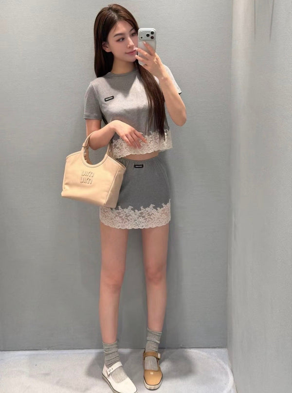 Miu Miu Grey Lace-Trimmed Midi Skirt in Mulberry Silk Cotton YB 195604