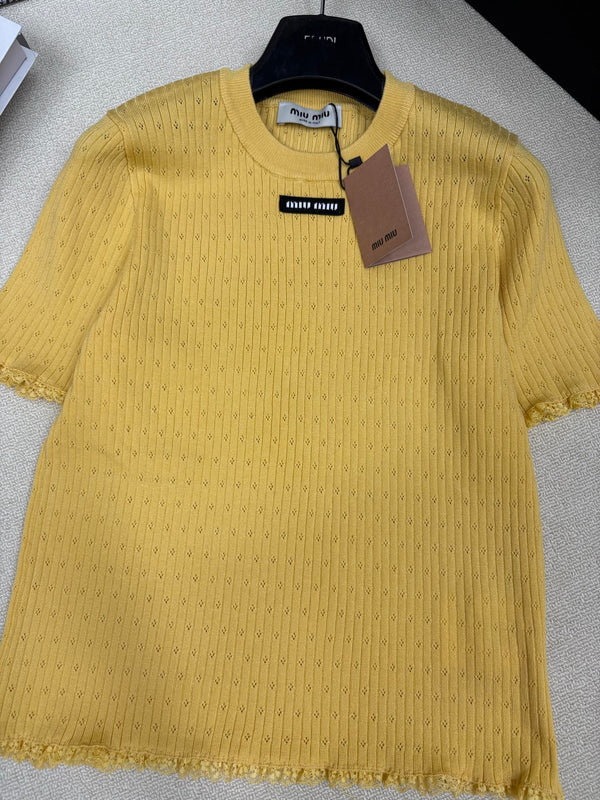 Miu Miu 26 Crew Neck Short-Sleeve Top Yellow in Knitting 191310