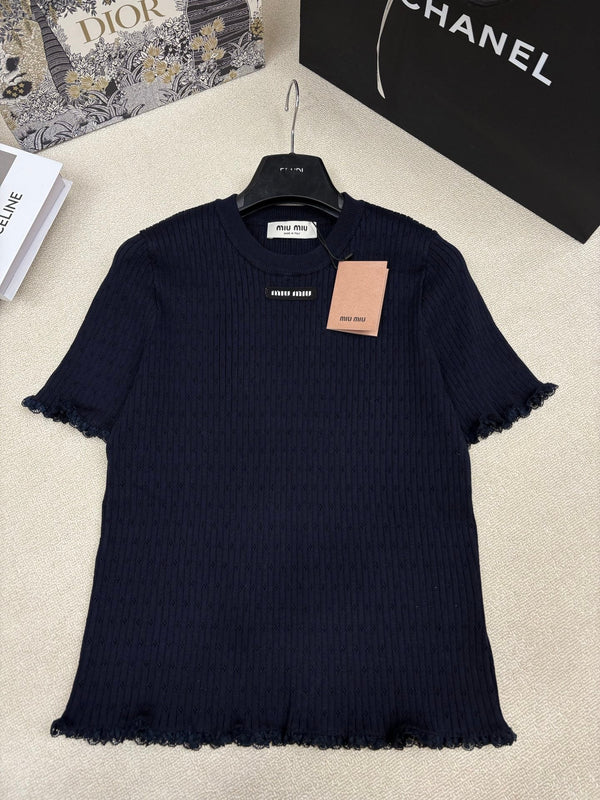Miu Miu 26 Crew Neck Short-Sleeve Top Black in Knitting 191309