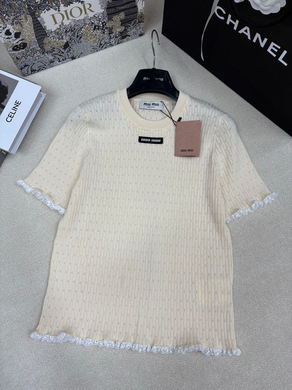 Miu Miu 26 Crew Neck Short-Sleeve Top Cream in Knitting 191308