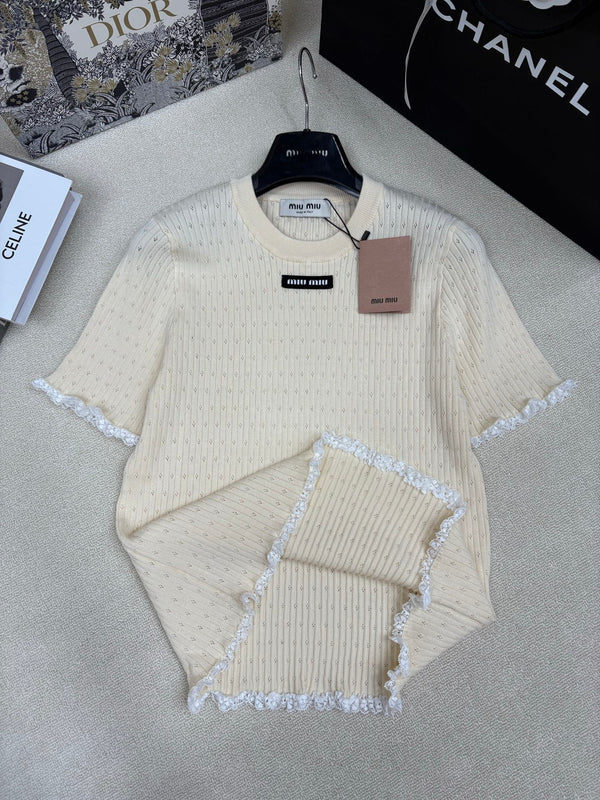 Miu Miu 26 Crew Neck Short-Sleeve Top Cream in Knitting 191308