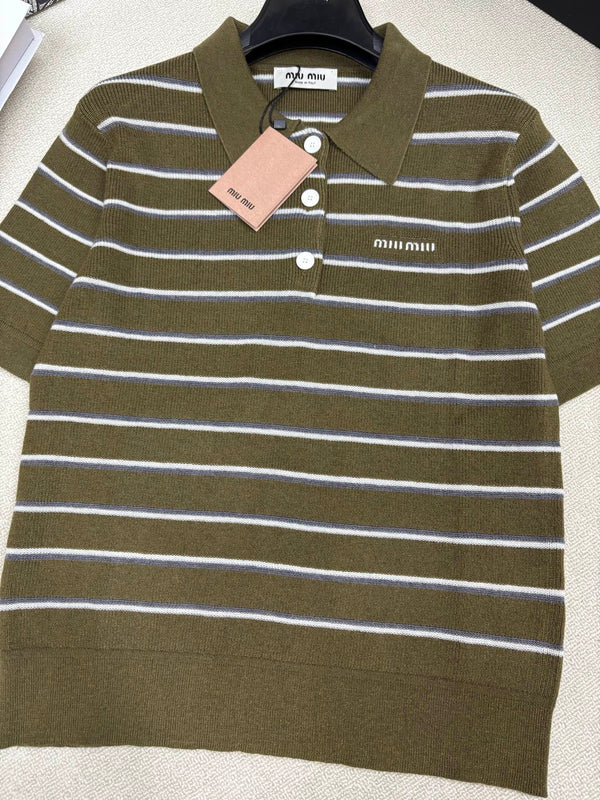 Miu Miu 26 Short-Sleeve Collared T-Shirt Olive Green in Wool 191273