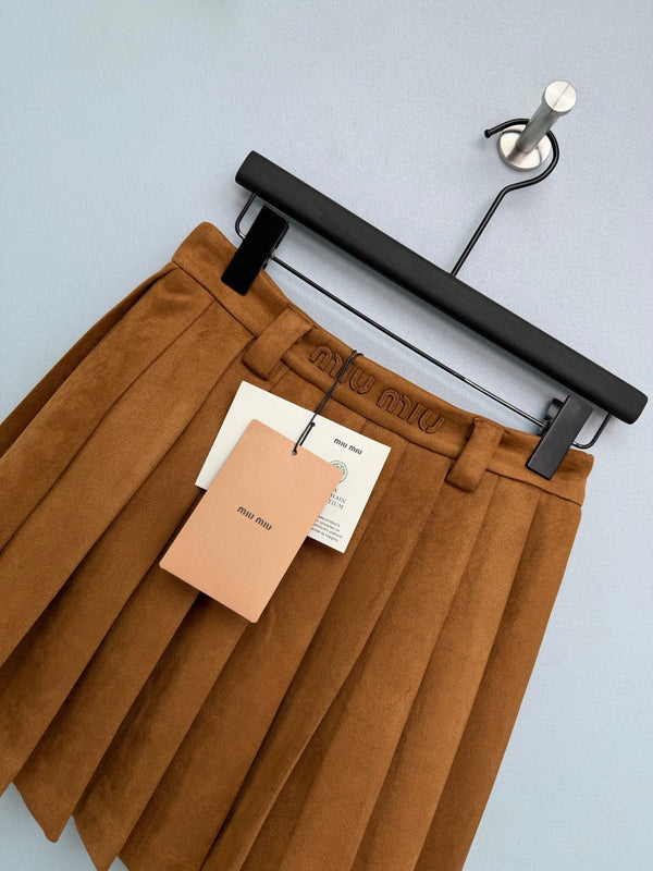 Miu Miu 26 Pleated Mini Skirt Brown in Suede 188908
