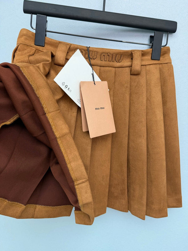 Miu Miu 26 Pleated Mini Skirt Brown in Suede 188908