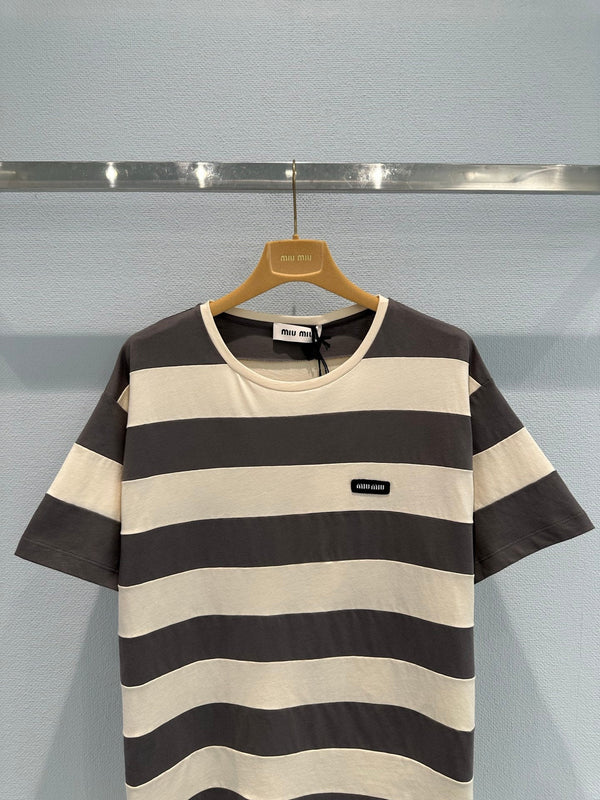 Miu Striped Short-Sleeve T-Shirt Brown White in Cotton 191567