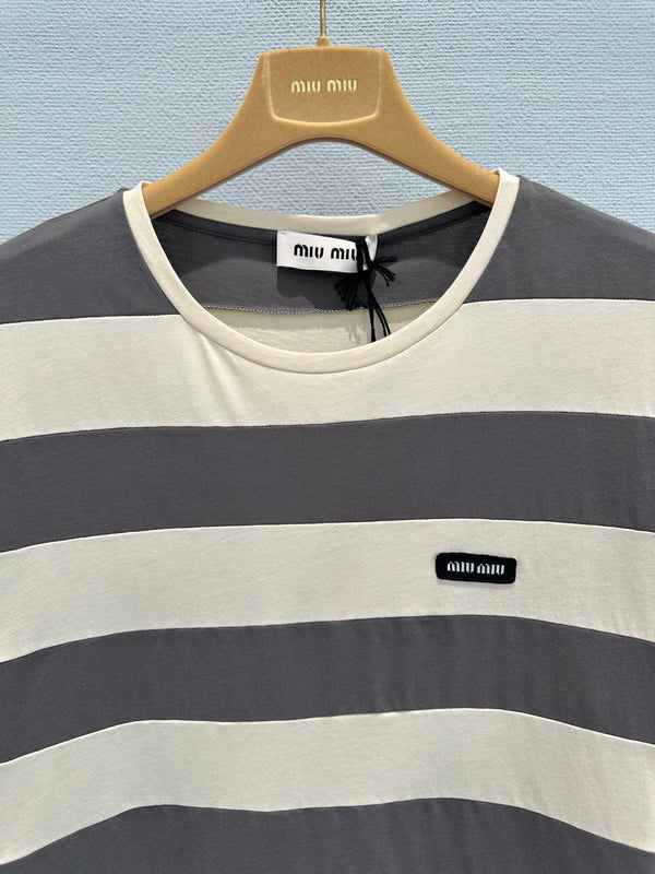 Miu Striped Short-Sleeve T-Shirt Brown White in Cotton 191567