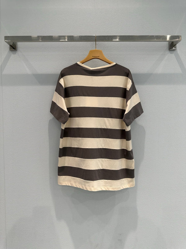 Miu Striped Short-Sleeve T-Shirt Brown White in Cotton 191567