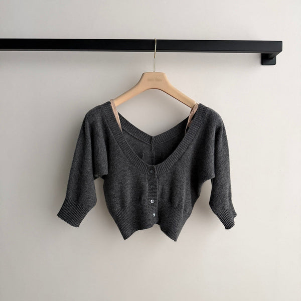 Miu 26 Logo Off-Shoulder Short Cardigan Grey in Cashmere 188141