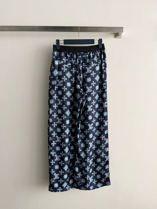 LV 26SS Printed Wide-Leg Pants Navy Blue in Silk 198358