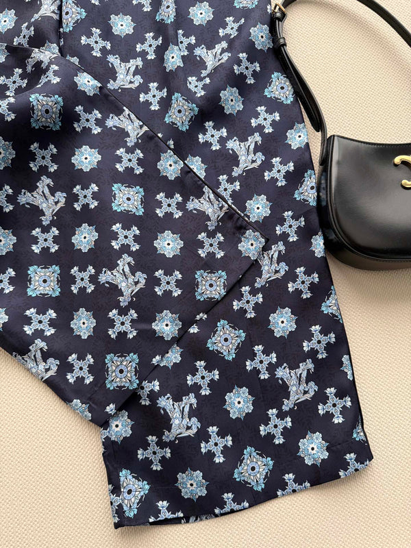 LV 26SS Printed Wide-Leg Pants Navy Blue in Silk 198358