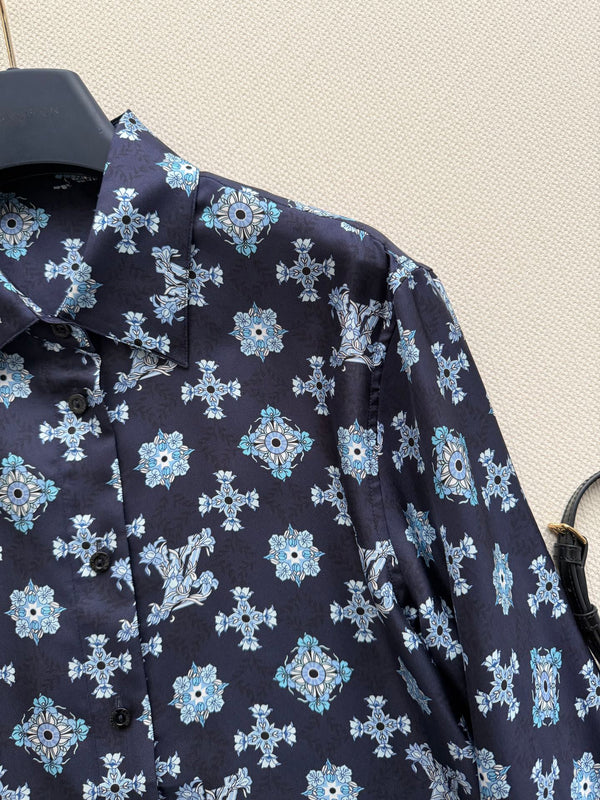 LV 26SS Retro Print Silk Shirt Navy Blue in Silk 198357