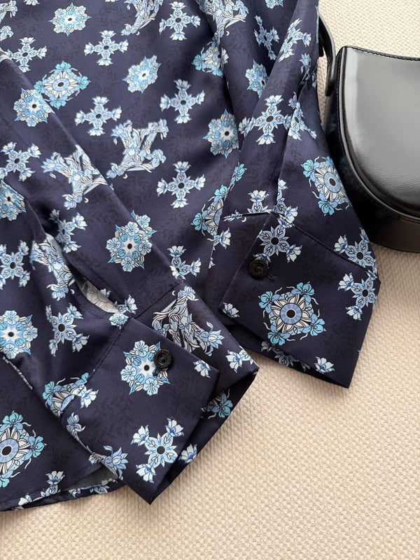 LV 26SS Retro Print Silk Shirt Navy Blue in Silk 198357