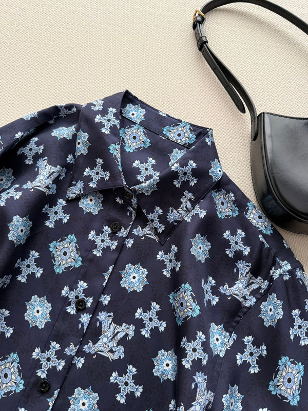 LV 26SS Retro Print Silk Shirt Navy Blue in Silk 198357