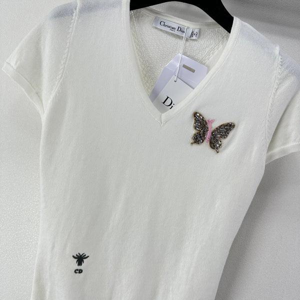 Dior Butterfly Sequin V-Neck Short-Sleeve Top White in Wool 362475