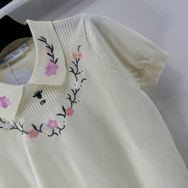 Dior Floral Embroidered Collared Knit Sweater Ivory in Viscose 360689