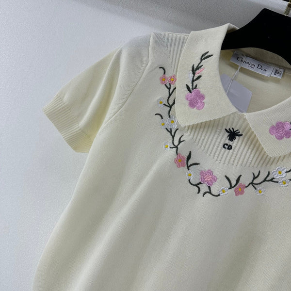 Dior Floral Embroidered Collared Knit Sweater Ivory in Viscose 360689