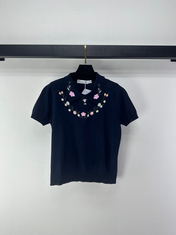 Dior Floral Embroidered Collared Knit Sweater Navy Blue in Viscose 360688