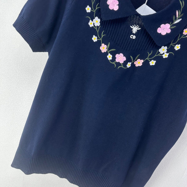 Dior Floral Embroidered Collared Knit Sweater Navy Blue in Viscose 360688