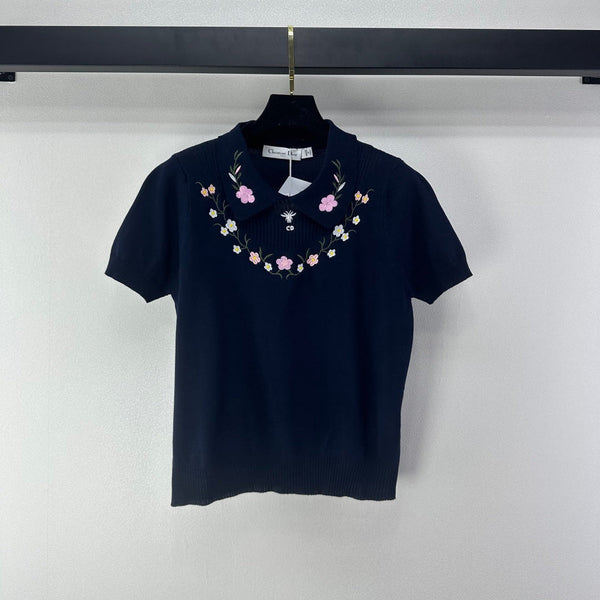 Dior Floral Embroidered Collared Knit Sweater Navy Blue in Viscose 360688
