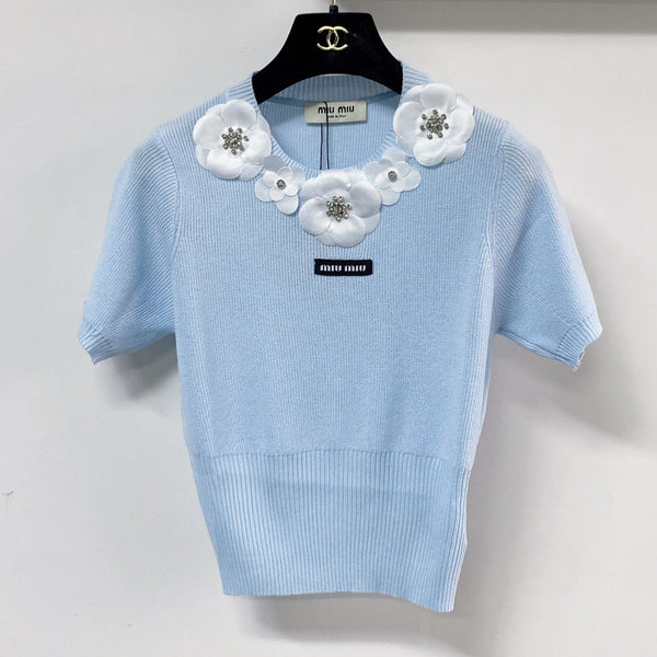 Miu Miu Short-Sleeve T-Shirt Blue in Wool 204065