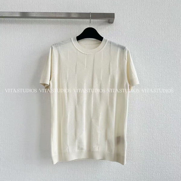 HM Geometric Knit Short-Sleeve T-Shirt White in Sheep Wool 196153