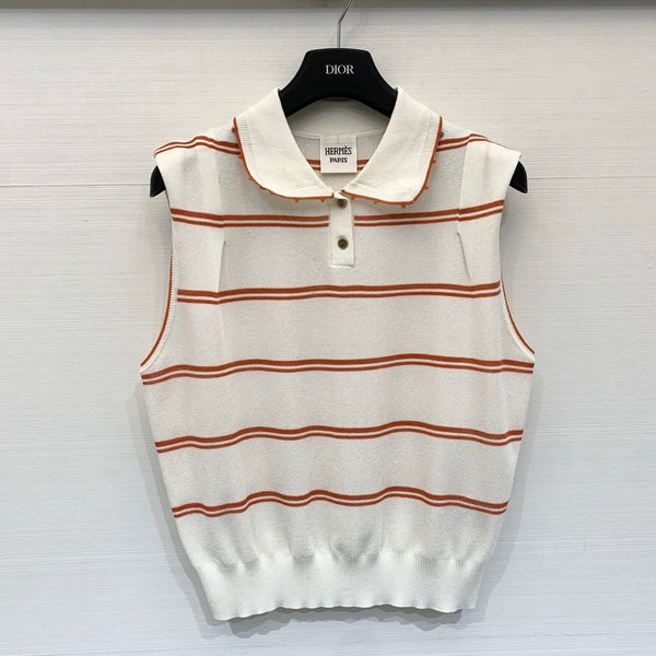 HM White and Orange Striped Sleeveless Polo Knit Vest in Polyester 195932