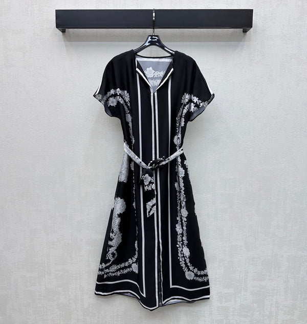 HM 26 Printed Tie-Waist Dress Black in Mulberry Silk 180946