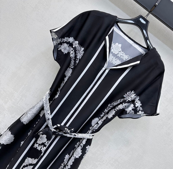 HM 26 Printed Tie-Waist Dress Black in Mulberry Silk 180946