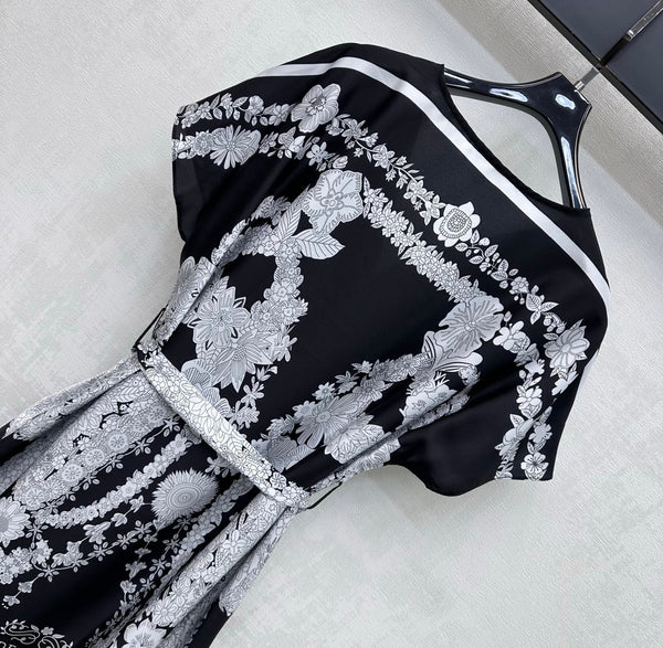 HM 26 Printed Tie-Waist Dress Black in Mulberry Silk 180946