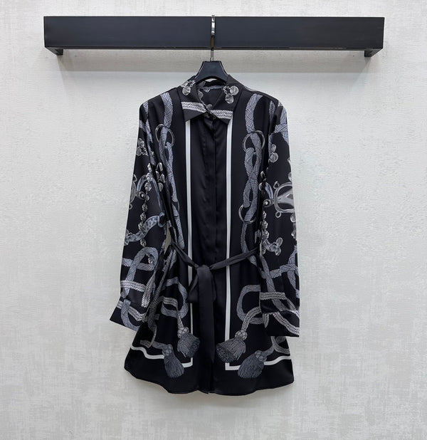 HM 26  Printed Shirt Dress with Belt Black in Mulberry Silk 180932