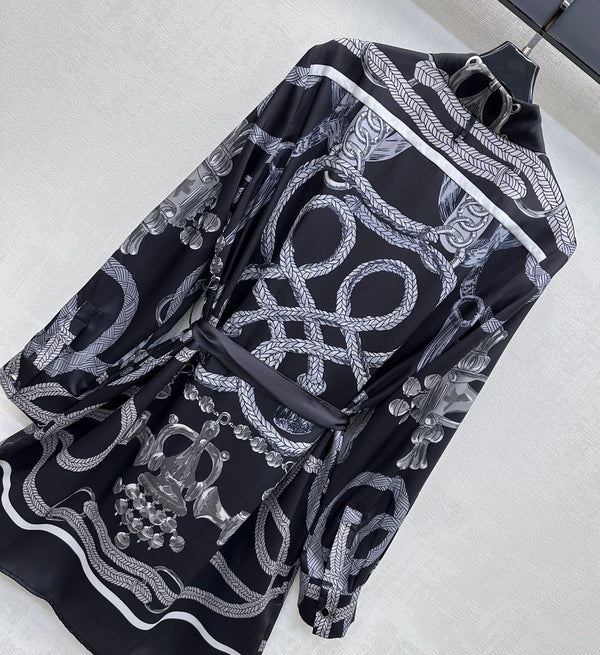 HM 26  Printed Shirt Dress with Belt Black in Mulberry Silk 180932