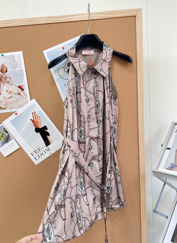 HM Halter Neck Sleeveless Belt Dress Nude Pink in Satin 153941