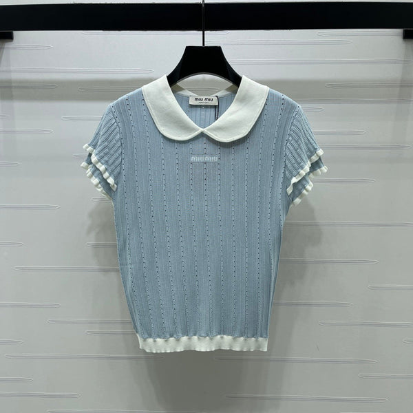 Miu Miu 26 Collar Openwork Short-sleeved Top Blue in Tencel 221740