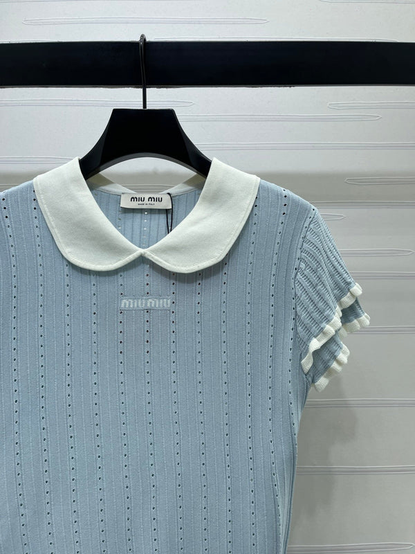Miu Miu 26 Collar Openwork Short-sleeved Top Blue in Tencel 221740