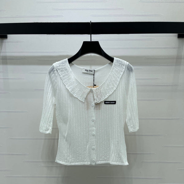 Miu Miu 26 Collared Short-sleeve Cardigan White in Cotton 221703