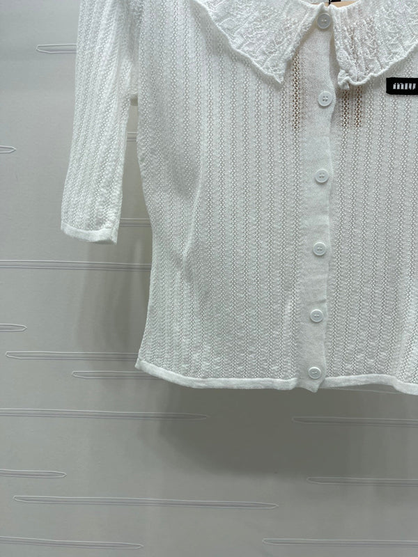 Miu Miu 26 Collared Short-sleeve Cardigan White in Cotton 221703