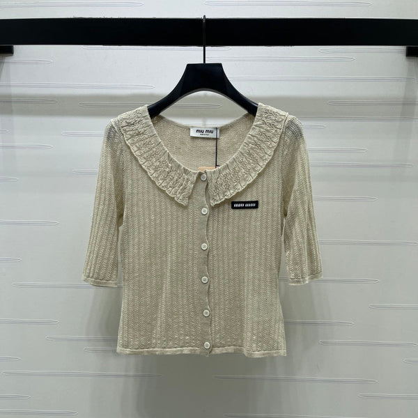 Miu Miu 26 Collared Short-sleeve Cardigan Beige in Cotton 221702