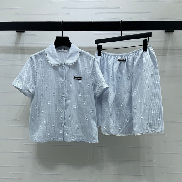 Miu Miu 26 Collar Striped Short-Sleeve Shirt + Skirt Set Blue in Cotton 221677