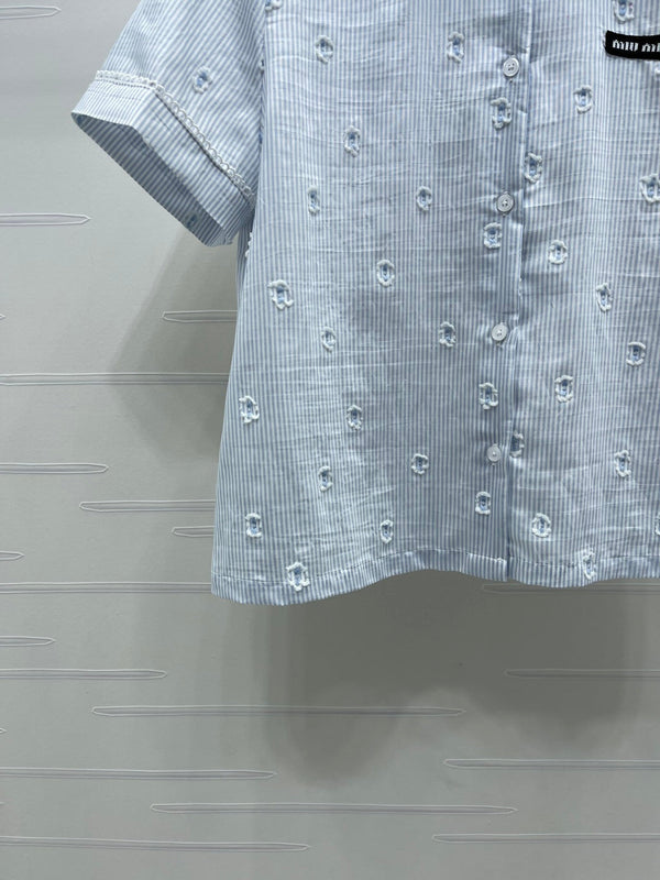 Miu Miu 26 Collar Striped Short-Sleeve Shirt + Skirt Set Blue in Cotton 221677