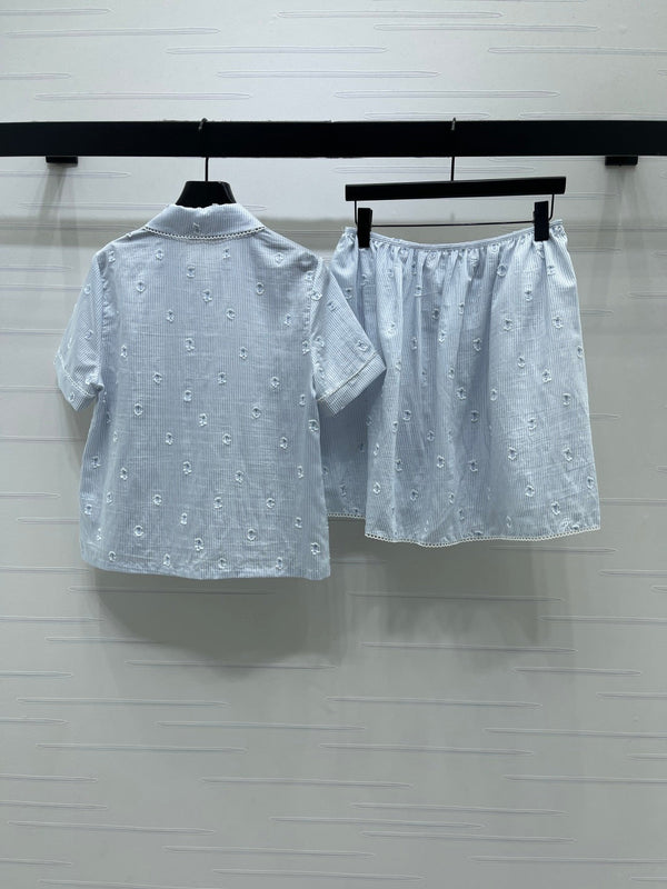 Miu Miu 26 Collar Striped Short-Sleeve Shirt + Skirt Set Blue in Cotton 221677