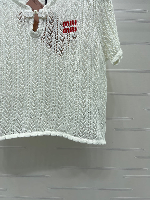 Miu Miu 26 Crew Neck Short-Sleeve Top White in Wool 221701