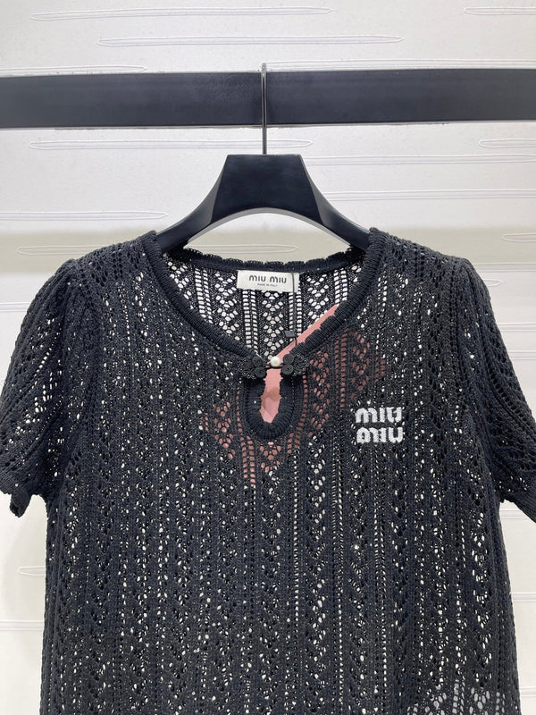 Miu Miu 26 Crew Neck Short-Sleeve Top Black in Wool 221700