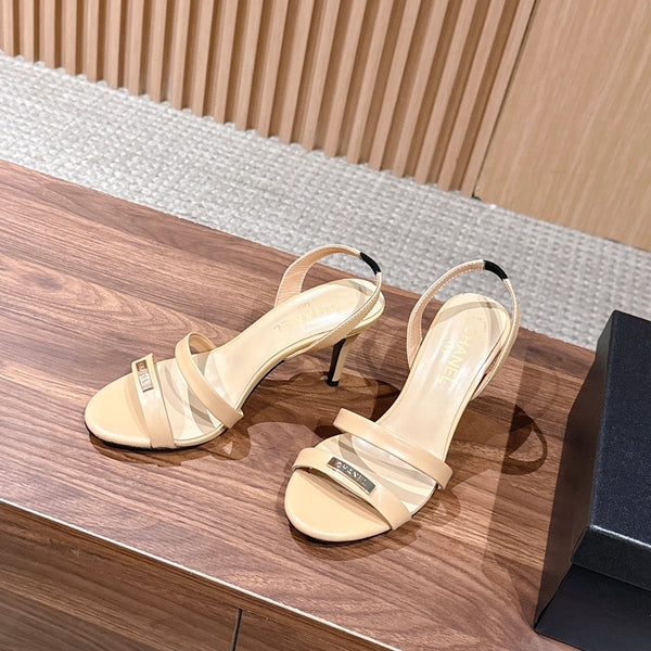CC 26SS Gold Buckle Strappy High-Heeled 85 Sandals Light Beige in Cowhide 692565