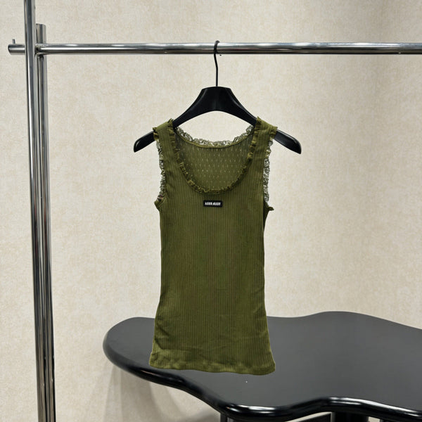 Miu Miu Green Lace-Trimmed Knit Vest Olive Green in Cotton 219026