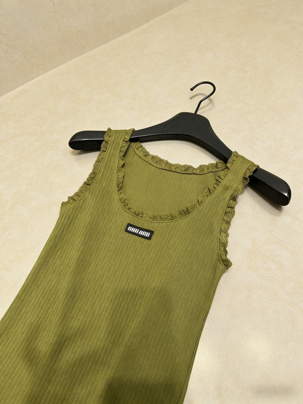Miu Miu Green Lace-Trimmed Knit Vest Olive Green in Cotton 219026
