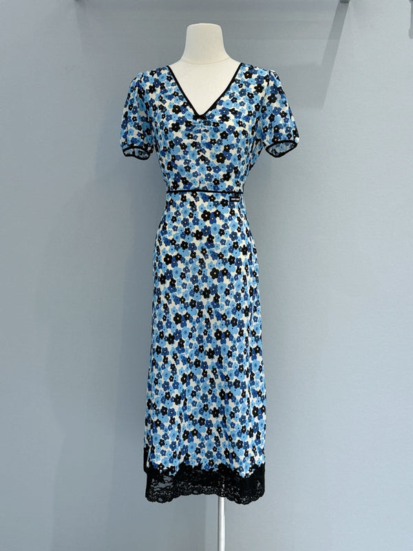 Miu Miu Floral V-Neck Dress Blue in Mulberry Silk 221190