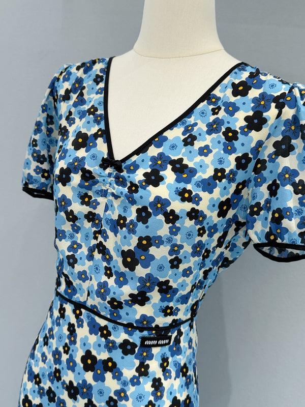 Miu Miu Floral V-Neck Dress Blue in Mulberry Silk 221190