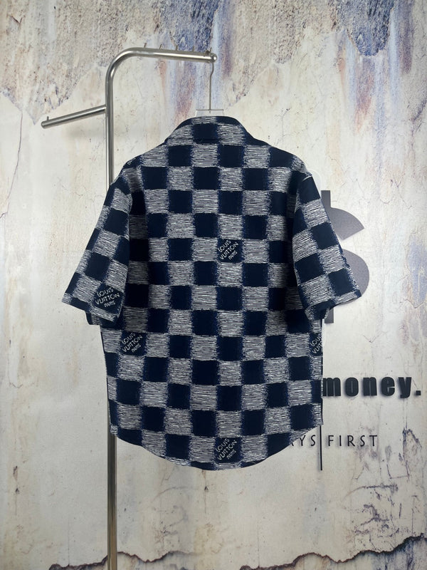 LV 26SS Navy Blue Damier Short-Sleeve Shirt in Cotton Denim 229098