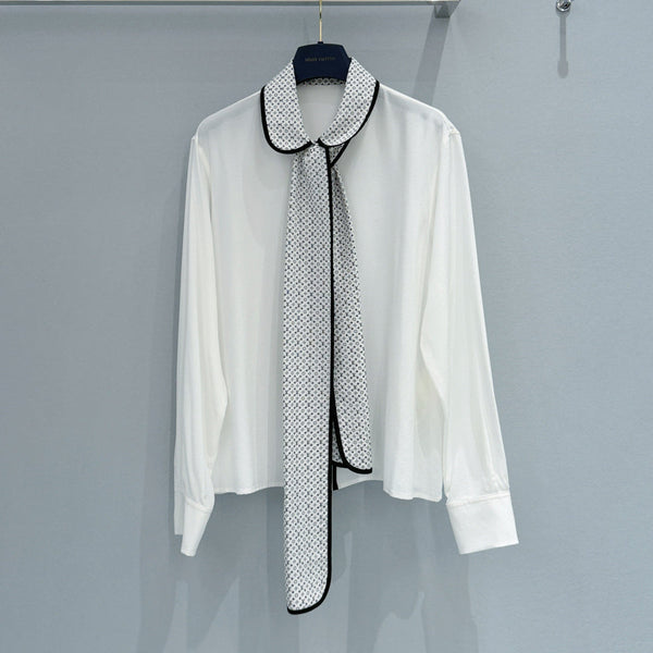 LV Monogram Collar Shirt with Ribbon White in Chiffon Fabric 221048